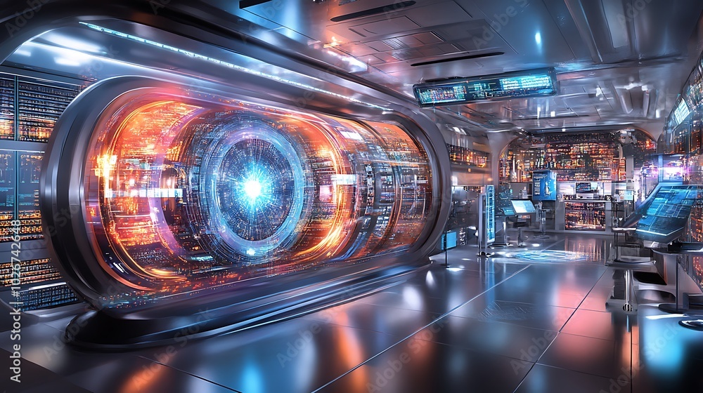 Poster a futuristic physics lab using augmented reality to simulate the effects of relativistic speeds on p