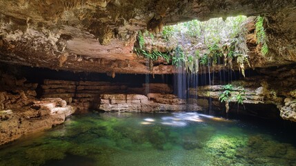 Enchanting Hidden Caves: Tranquil Grotto with Cascading Waterfalls and Vibrant Mineral Deposits in Lush Ecosystem