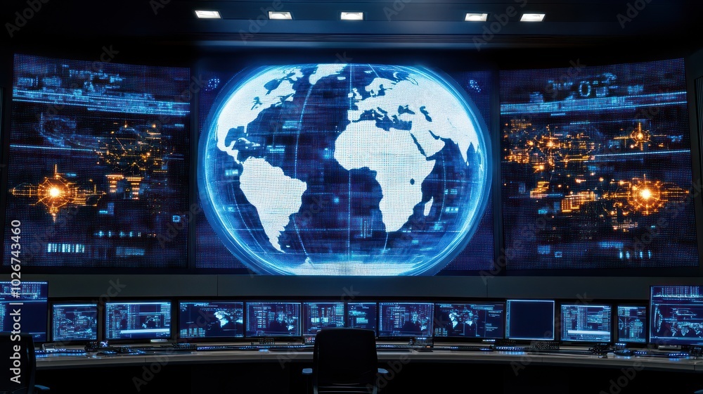 Poster A Control Room with a Global Display and Monitors Showing Digital Data