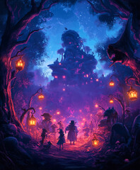 Obraz premium Magical forest path illuminated by lanterns leads to an enchanted hilltop village during twilight hours