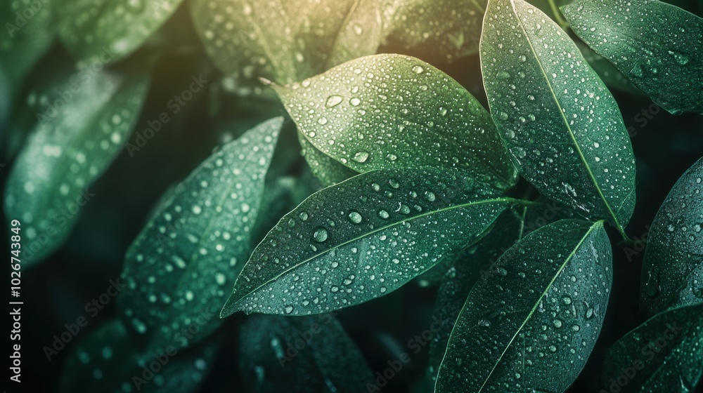 Sticker Lush green leaves glisten with water droplets, reflecting freshness and vitality in a serene natural environment, inviting a sense of rejuvenation. Generative AI