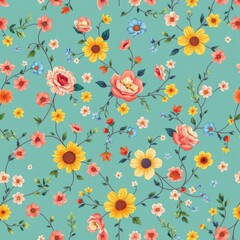 Vibrant Floral Pattern With Roses and Sunflowers on Turquoise
