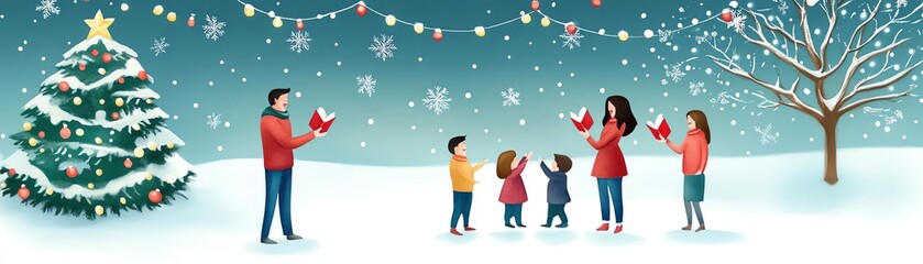 Family singing Christmas carols in winter wonderland with snowflakes, Christmas tree, and festive decorations under a starlit sky.