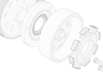 Rotor, stator and other parts on a white background.