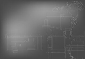Mechanical engineering drawings on a gray background.