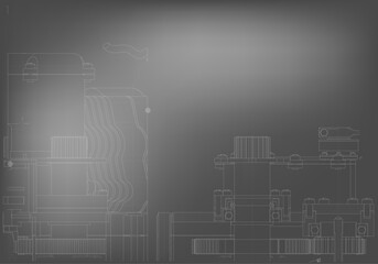 Mechanical engineering drawings on a gray background.