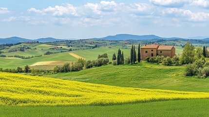 Obraz premium Stone Farmhouse on Rolling Hills with Yellow Wildflowers