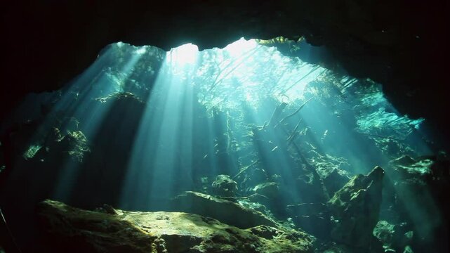 A cave with sunlight shining through it. The light is bright and the cave is dark