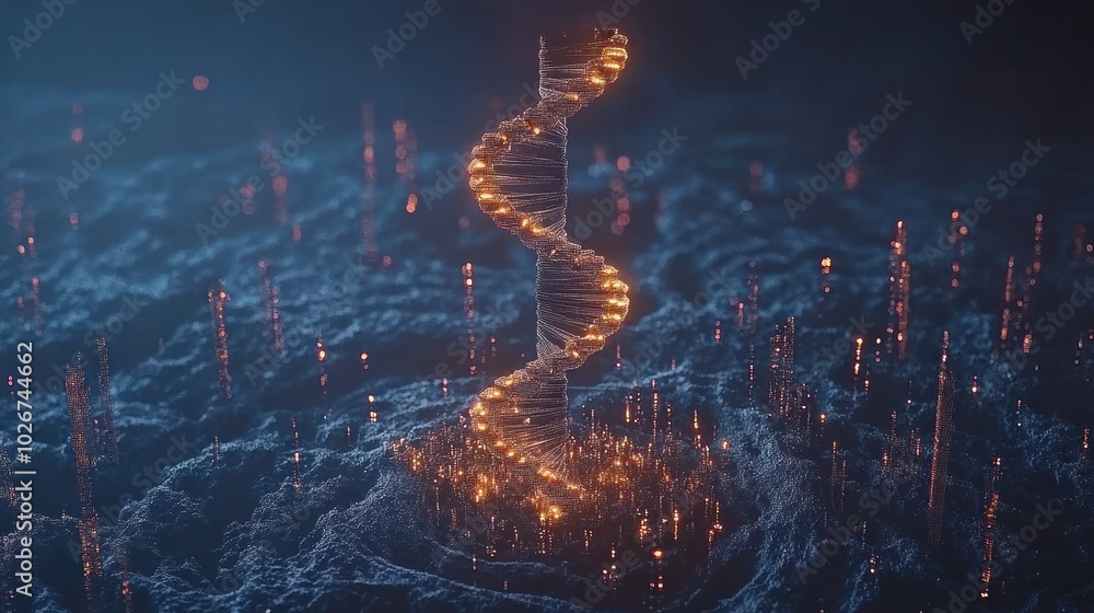 Poster illuminated dna double helix over a particle landscape