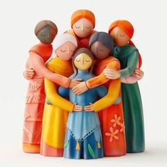 Colorful abstract figurative sculptures depicting a diverse group of people embracing each other in a harmonious and unified display of community friendship and compassion