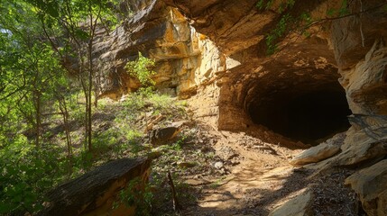 Obraz premium Exploring Hidden Caves: Enchanting Cave Entrance with Colorful Minerals Amidst Lush Foliage
