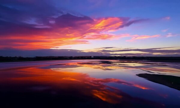 Dolly shot with evening sky reflection: The camera starts close to a reflective surface capturing the evening sky&rsquo;s colors, then dollies back to reveal the broader sky scene.