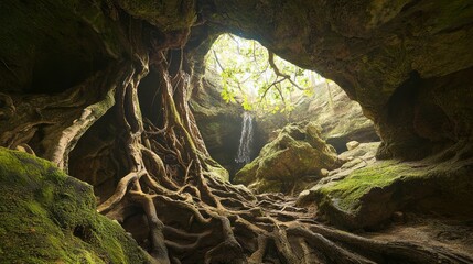 Obraz premium Enchanting Hidden Caves: Serene Waterfall in Rugged Cave with Exposed Roots and Moss-Covered Rocks | Ultra-Detailed Nature Photography
