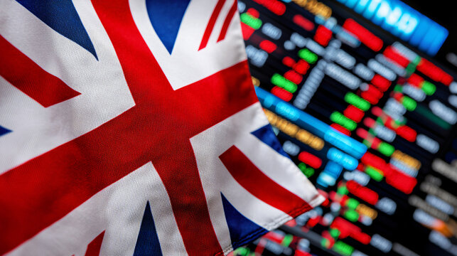 UK stock market concept, British flag's corner with stock market tickers scrolling in the background