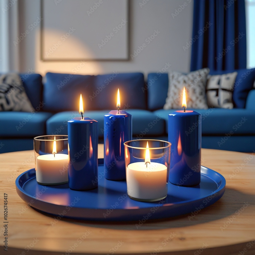 Wall mural Blue candles on the table, modern interior design at the background 