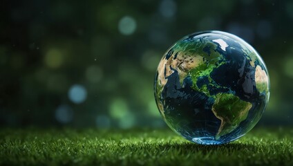 Glowing glass planet earth on green natural background, ecology concept --ar 3:2