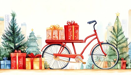 Festive red bicycle with Christmas gifts and pine trees in a winter wonderland setting, perfect for holiday-themed celebrations.
