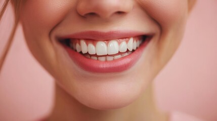 Obraz premium Close-up of a woman's smile with bright white teeth and pink lips.