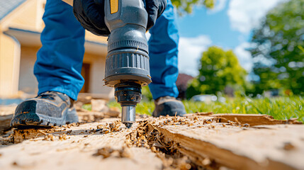 close-up view of a termite inspector using specialized equipment to detect wood damage