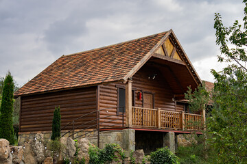 Wooden modern hotel cabin in the forest