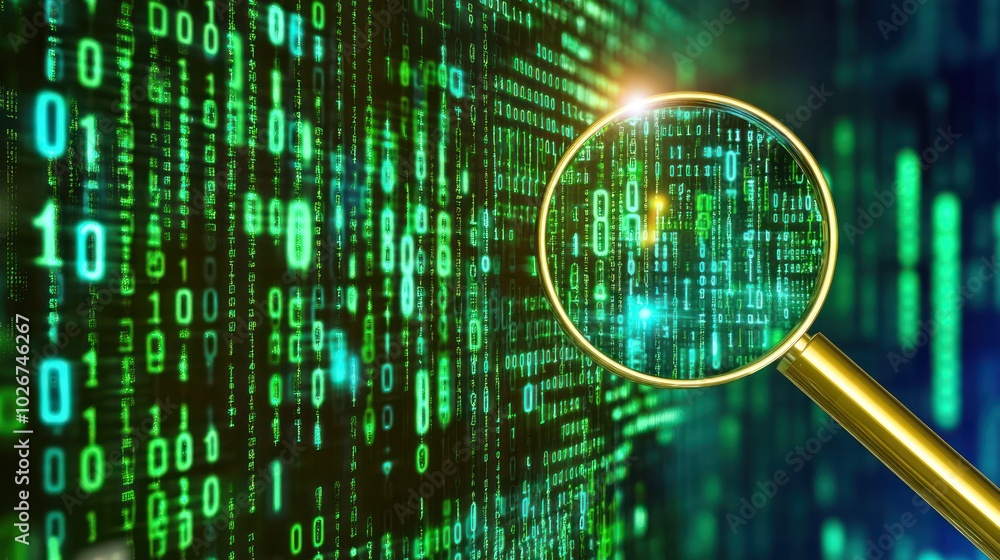 Poster Magnifying Glass Focusing on Green Binary Code