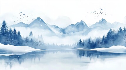 Serene winter watercolor scene with mountains, lake and snow. Blue-toned landscape with soft brushstrokes. Perfect as a background for winter-themed designs.