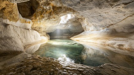 Naklejka premium Mystical Hidden Caves: Tranquil Underground Oasis with Mineral Formations and Pond