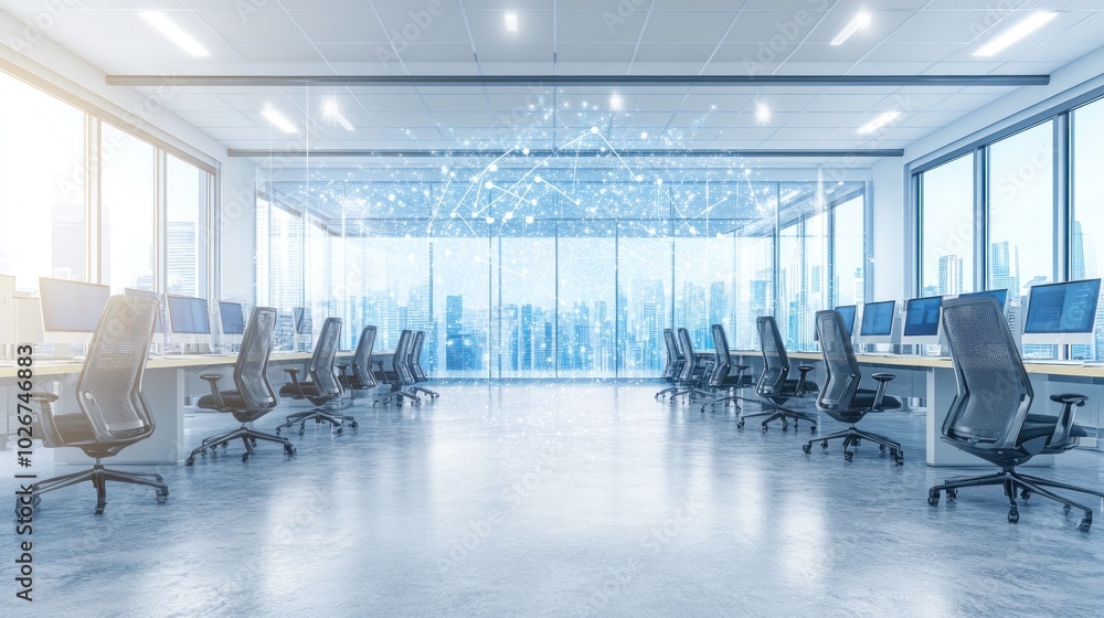 Aufkleber Empty modern office with cityscape view and network connection overlay