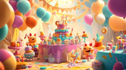 Colorful Birthday Party Scene with Cartoon Characters and Desserts