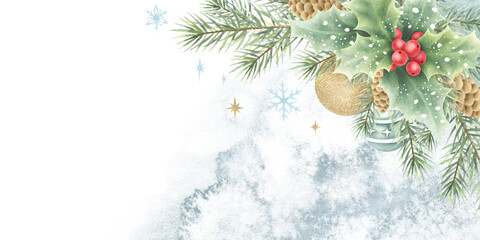 Christmas card horizontal template with holly and fir tree branches, cones, red berries and spruce balls on green watercolor stain background. Hand drawn illustration banner for New year designs.