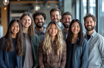 Diverse group of business professionals standing together, smiling in a modern office. Friendly, inclusive workplace culture and teamwork concept.