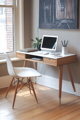 Modern home office with wooden desk, white chair, and computer in a bright minimalist room