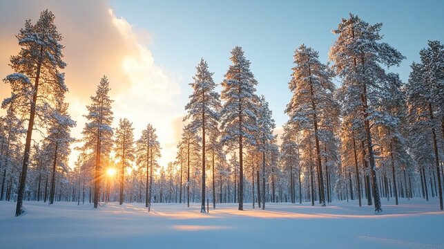 Snowy winter scene in Lapland, Finland, with sunset casting a warm glow. Tall pine trees are covered in a blanket of snow, contrasting against a blue sky.