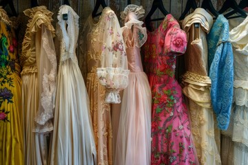 Fototapeta premium A row of dresses with floral designs and lace
