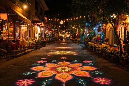 a beautiful rangoli desin made on a diwali decorated street at night 