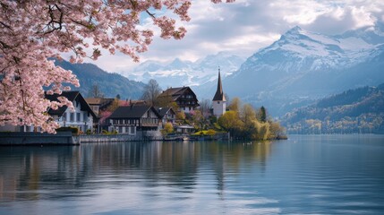 Fototapeta premium Spring awakens the landscape around Lake Brienz; blooming cherry trees frame charming houses and a peaceful church by the water. Generative AI