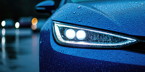 Close-up of front head lights of car with rain drops on it, copy space. All-season waterproof headlights