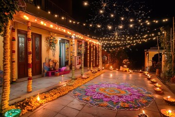 A beautifully decorated house glowing with colorful string lights, marigold garlands hanging from the entrance, and an intricate rangoli design made from bright powders and flowers on the ground. 