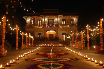 A beautifully decorated house glowing with colorful string lights, marigold garlands hanging from the entrance, and an intricate rangoli design made from bright powders and flowers on the ground. 