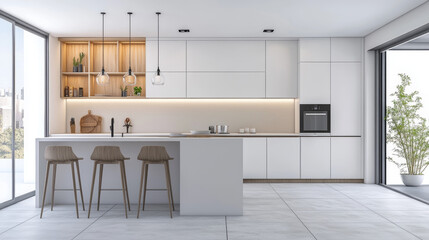 A sleek, white kitchen with wood and gray accents. It has a simple, modern design.