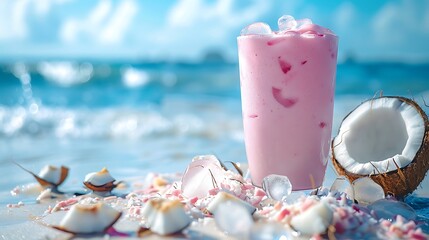 By the seashore a pink coconut smoothie with ice and chunks of coconut