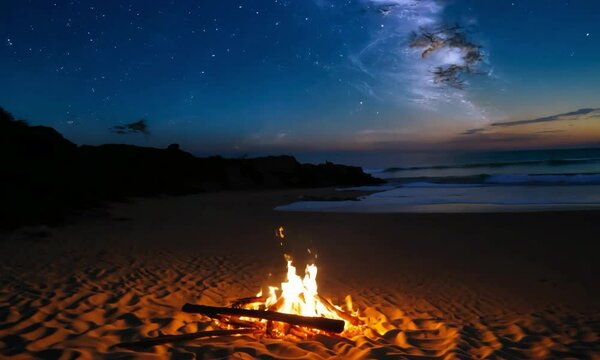 Pan shot with night beach campfire: The camera starts by focusing on a campfire on the beach at night, then pans to reveal the night sky and the tranquil beach setting.