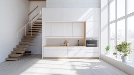 A simple, white kitchen with wooden cabinets in a loft apartment with stairs. It has a classic Scandinavian style, and it's a 3D design.