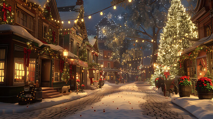 a charming, snow-covered street at night, adorned with festive Christmas decorations