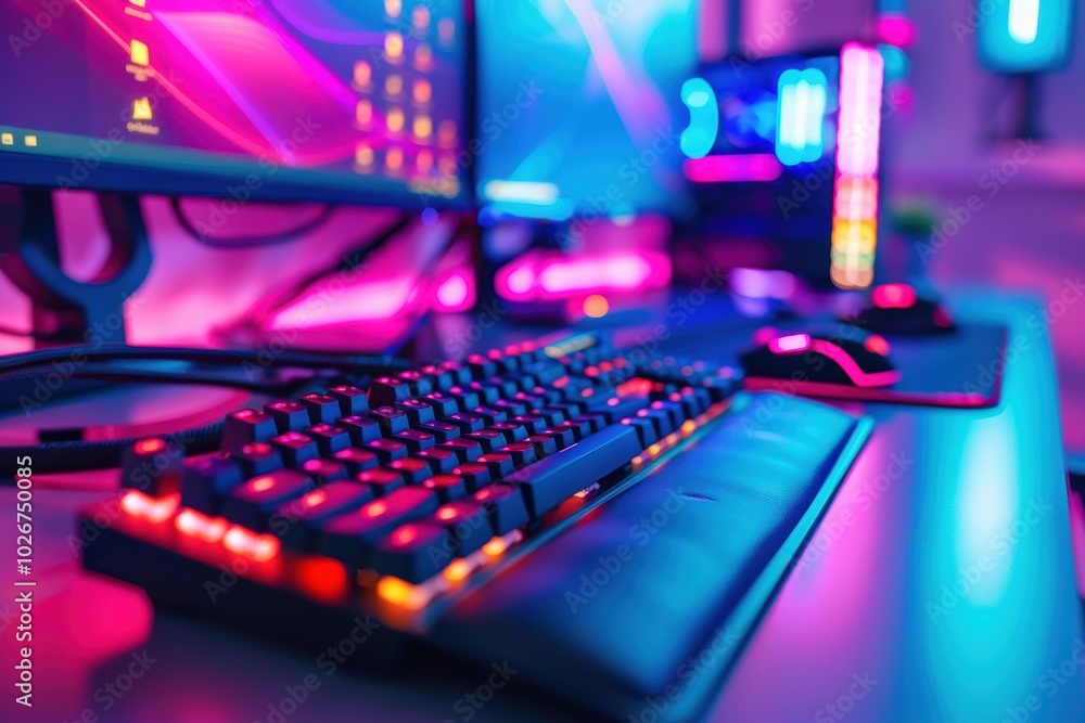 Poster high-performance gaming gear setup with colorful neon keyboard and mouse for ultimate play