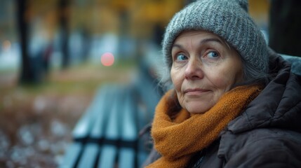 Sad homeless woman on the bench in an beautiful urban park