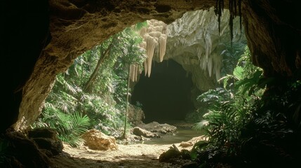 Obraz premium Enchanting Hidden Caves Exploration: Discovering an Ultra-Detailed Subterranean World Through Lush Foliage