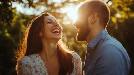Fototapeta premium Happy couple laughing together in a sunny park