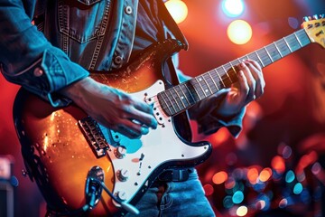 Naklejka premium Live Music Performance: Close-Up of Guitarist on Stage with Vibrant Lighting for Concert Promotion