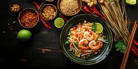 a bowl of noodles, shrimp, and vegetables